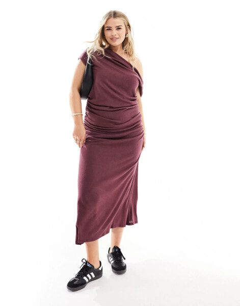 ASOS DESIGN Curve asymmetric neckline ruched supersoft midaxi dress in burgundy