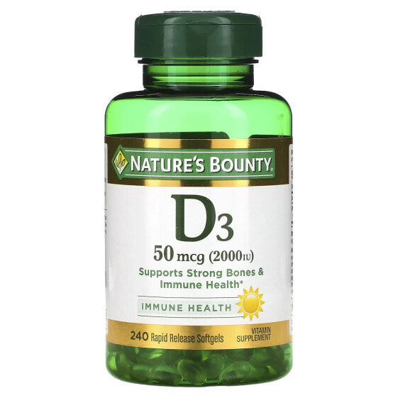Nature's Bounty, витамин D3, здоровье иммунной системы, 50 мкг (2000 МЕ), 240 капсул быстрого высвобождения