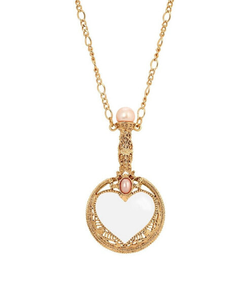 Gold-Tone Pink Imitation Pearl Magnifying Glass Necklace