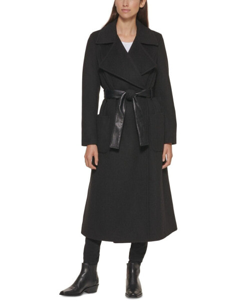 DKNY Women's Maxi Faux-Leather Belt Wrap Coat Black L