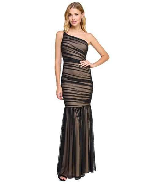 Juniors' Mesh Ruched One-Shoulder Gown