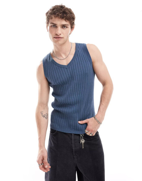 ASOS DESIGN muscle lightweight knitted rib V neck vest in navy