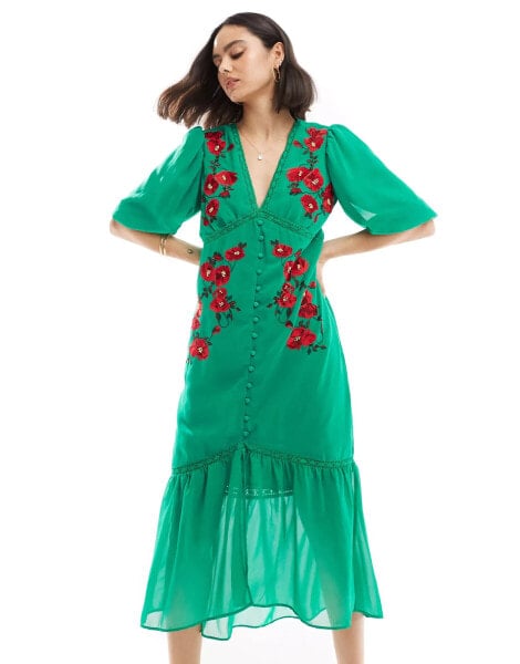 Hope & Ivy embroidery midi dress with ruched detail in green