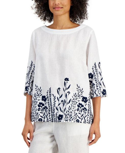 Women's 100% Linen Embroidered 3/4-Sleeve Top, Created for Macy's