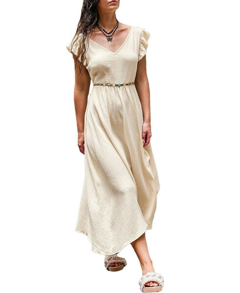 Women's Apricot Flutter Sleeve Tie-Back Midi Beach Dress