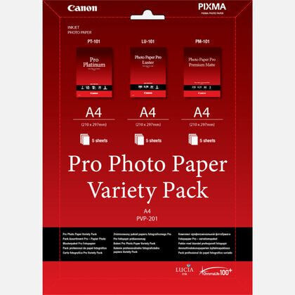 Canon PVP- 201 Pro Photo Paper Variety Pack A4 - 15 Sheets - Laser/Inkjet - A4 - White - 15 sheets - PIXMA MP272 PIXMA MP480 PIXMA MP490 PIXMA MP499 PIXMA MP600 PIXMA MP640 PIXMA MX455 PIXMA MX474... - 210 mm