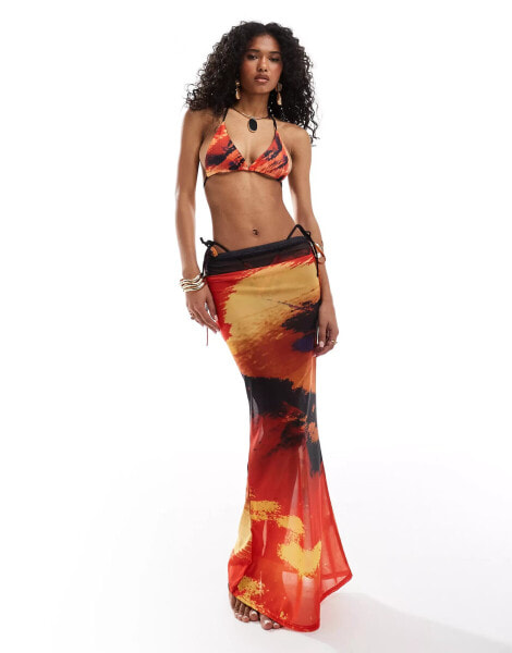 Murci mesh beach maxi skirt co-ord in red lava print