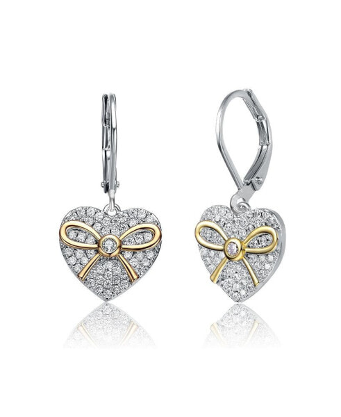 GV Sterling Silver White Gold Plated Two Tone with Clear Cubic Zirconia Leaverback Earrings