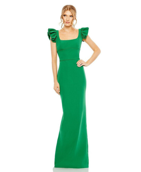 Women's Ruffle Cap Sleeve Open Back Column Gown