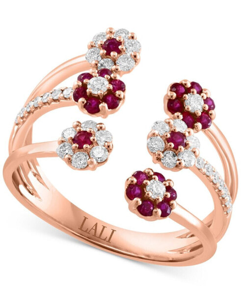 Ruby (1/2 ct. t.w.) & Diamond (3/8 ct. t.w.) Three Row Flower Cuff Ring in 14k Rose Gold