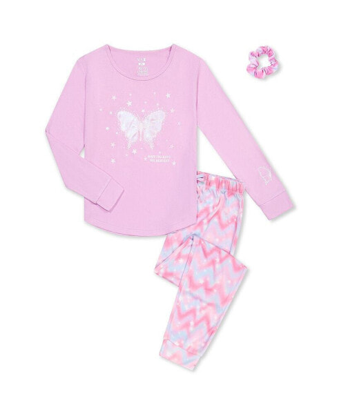 Little Girls Long Sleeve Pajama Set with Scrunchie, 3 Piece