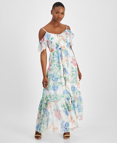Платье Guess Женское с принтом в цветочной гамме и рюшами， В стиле "холодное плечо" с многоуровневой юбкой.