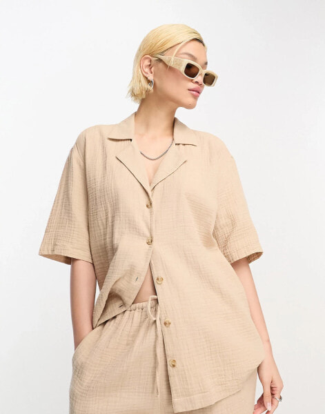 ASOS DESIGN cheesecloth bowling shirt in stone co-ord