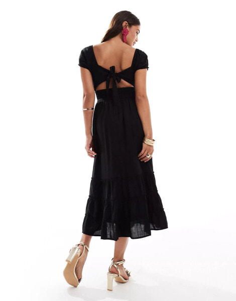 Hollister tie back midi dress with puff sleeves in black