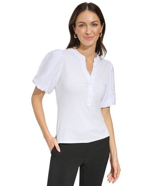 Women's Puff-Sleeve Ribbed Henley Shirt