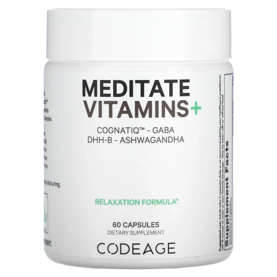 Codeage, Meditate Vitamins+, CognatiQ, витамины с ГАМК, DHH-B и ашвагандой, 60 капсул