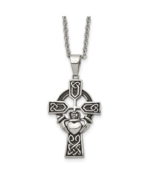 Chisel antiqued Claddagh Cross Pendant Cable Chain Necklace