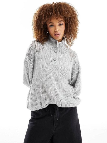 ASOS DESIGN half button blanket stitch jumper in grey