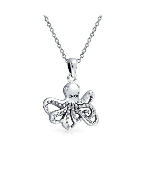 Nautical Vacation Honeymoon Ocean Marine Life Sea Creature Squid Octopus Pendant Necklace For Women Oxidized Sterling Silver