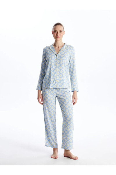 Gömlek Yaka Çiçekli Uzun Kollu Kadın Pijama Takımı