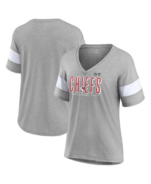 Women's Heather Gray Kansas City Chiefs Super Bowl LVIII Cheer Section Tri-Blend V-Neck Fashion T-shirt