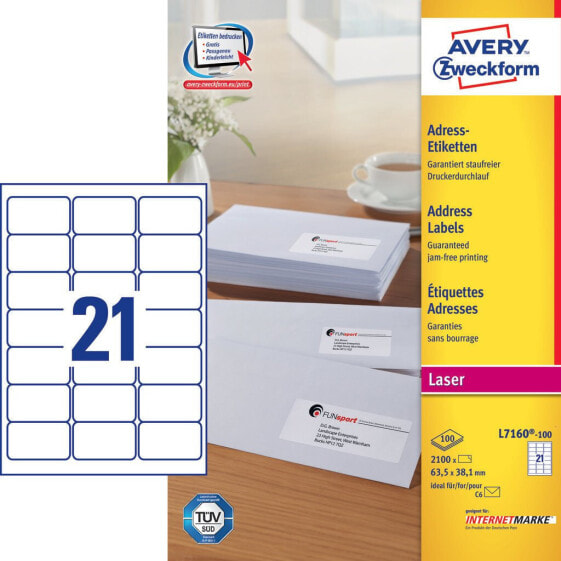 Avery Zweckform Avery L7160-100 - White - Rounded rectangle - Permanent - Paper - Laser - 63.5 mm