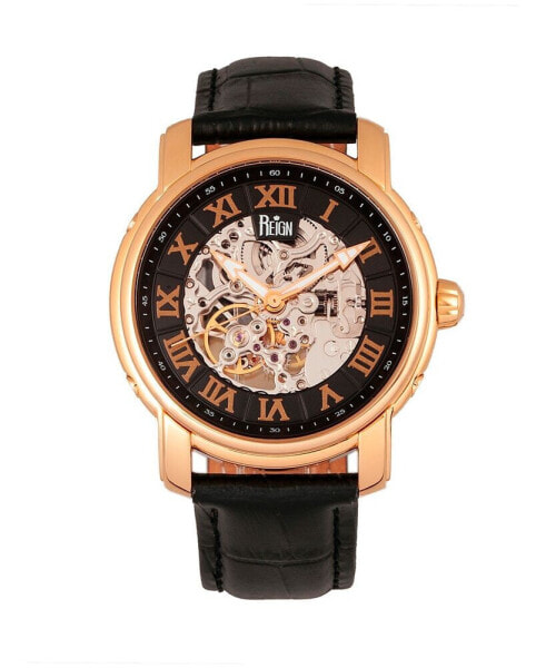 Kahn Automatic Skeleton Rose Gold Case, Genuine Black Leather Watch 45mm
