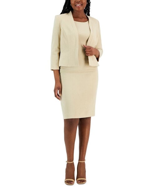 Crepe Open Front Jacket & Crewneck Sheath Dress Suit, Regular and Petite Sizes