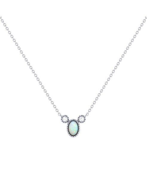 Oval Opal Gemstone Round Natural Diamond 14K White Gold Birthstone Necklace