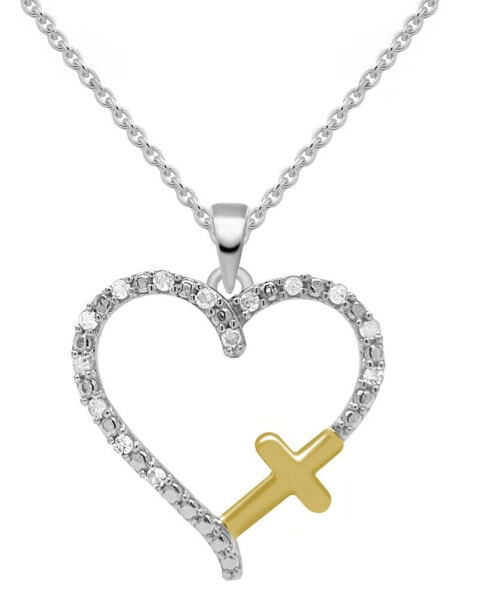 Diamond Heart & Cross 18" Pendant Necklace (1/10 ct. t.w.) in Sterling Silver or Sterling Silver & 14k Gold-Plate