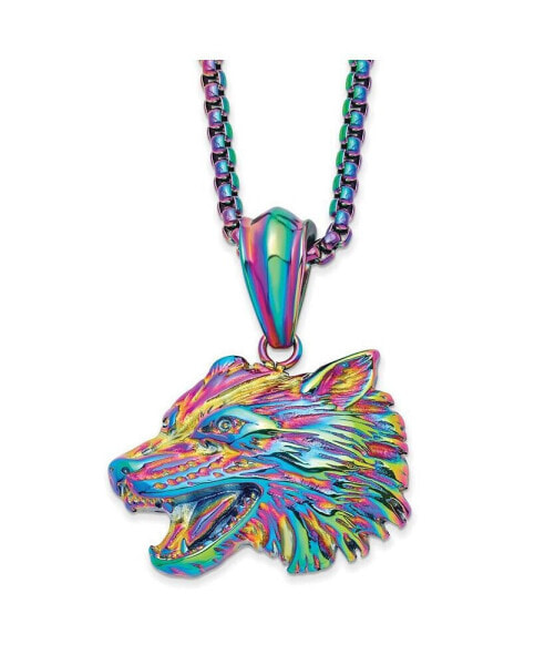 Chisel polished Rainbow IP-plated Wolf Head Pendant Box Chain Necklace