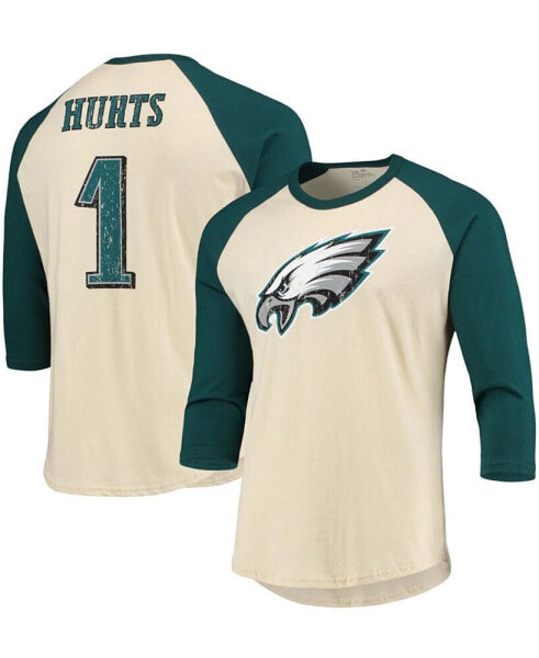 Men's Jalen Hurts Cream, Midnight Green Philadelphia Eagles Player Name Number Raglan 3/4 Sleeve T-shirt