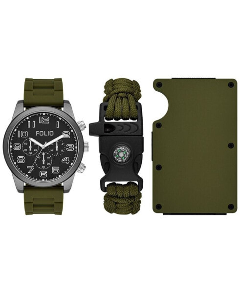 Men's Three Hand Green Silicone Watch 45mm Gift Set