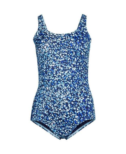 Women's Long Scoop Neck Soft Cup Tugless Sporty One Piece Swimsuit Print