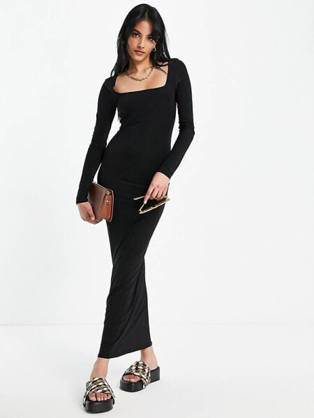 ASOS DESIGN square neck long sleeve slinky maxi dress in black