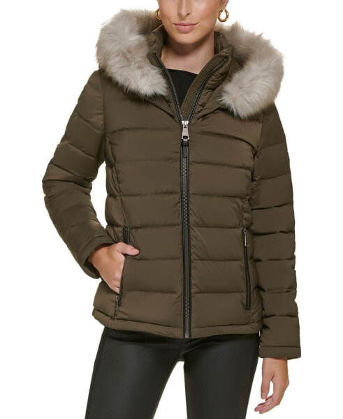 Dkny faux fur trim discount quilted back puffer coat