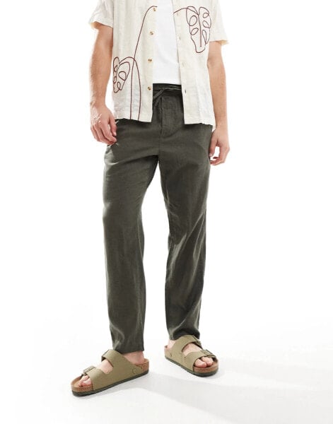 ONLY & SONS linen mix tapered fit trousers in dark khaki