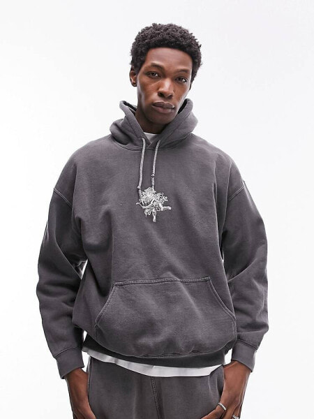 Topman oversized hoodie with cupid embroidery in washed black