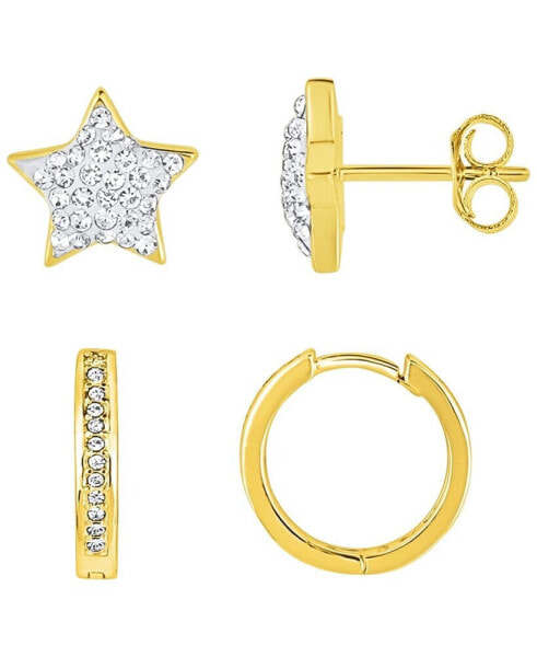 2 Pair Crystal Hinged Hoop and Crystal Pave Star Stud Gold-Plated Earring Set