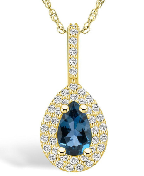 London Blue Topaz (1 Ct. T.W.) and Diamond (3/8 Ct. T.W.) Halo Pendant Necklace in 14K Yellow Gold