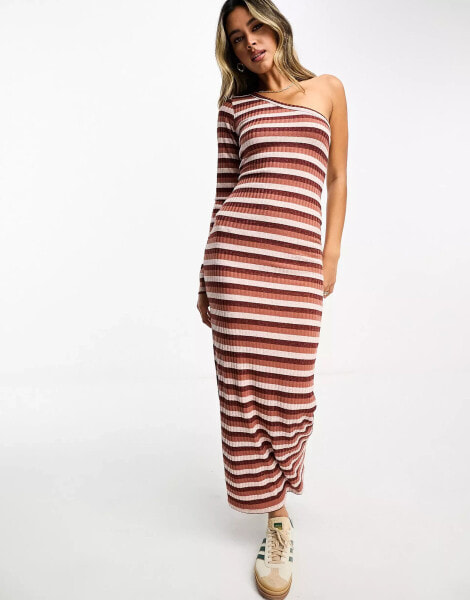 ASOS DESIGN ribbed one shoulder long sleeve striped maxi dress