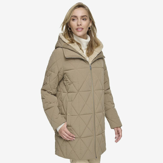 Islee Quilted Womens's Puffer Coat With Popcorn Sherpa Trimming and Removable Hooded Bib