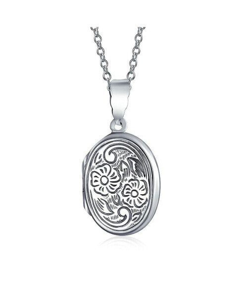 Bling Jewelry embossed Scroll Floral Flower Sunflower Photo Oval Lockets Necklace Pendant For Women That Hold Pictures Oxidized .925 Sterling Silver