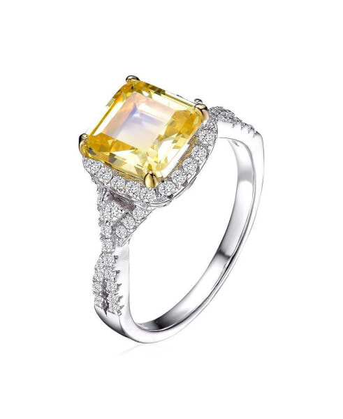 Sterling Silver White Gold Plated Yellow Cushion Cubic Zirconia with Clear Round Cubic Zirconias Accent Twisted Ring