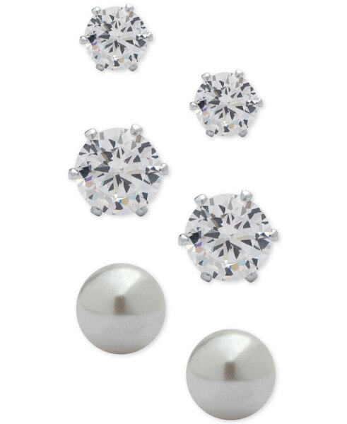 3-Pc. Set Crystal and Imitation Pearl Stud Earrings