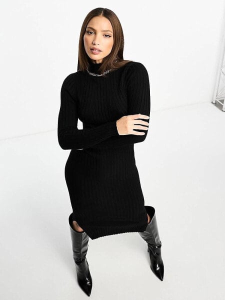 Threadbare Tall Autumn high neck ribbed knitted midaxi dress in black