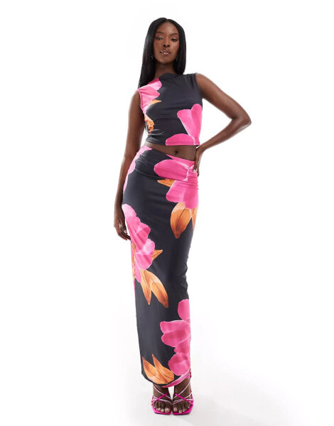 Murci column maxi skirt co-ord in pink peony