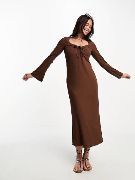 New Look ribbed midi dress with ruched tie front detail in brown