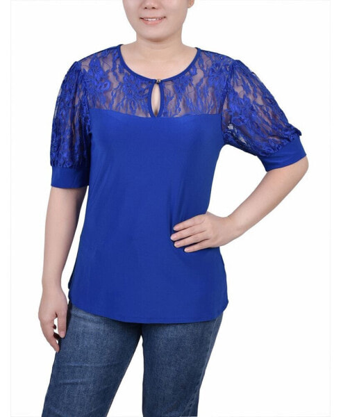 Women's Short Puff Sleeve Top with Lace Sleeves and Yoke