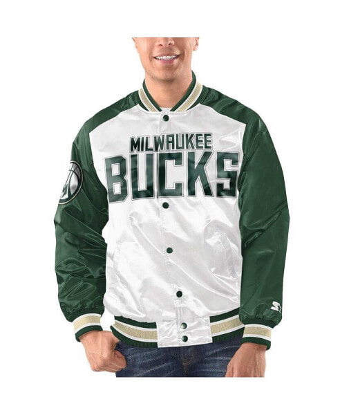 Men's White, Hunter Green Milwaukee Bucks Renegade Satin Full-Snap Varsity Jacket